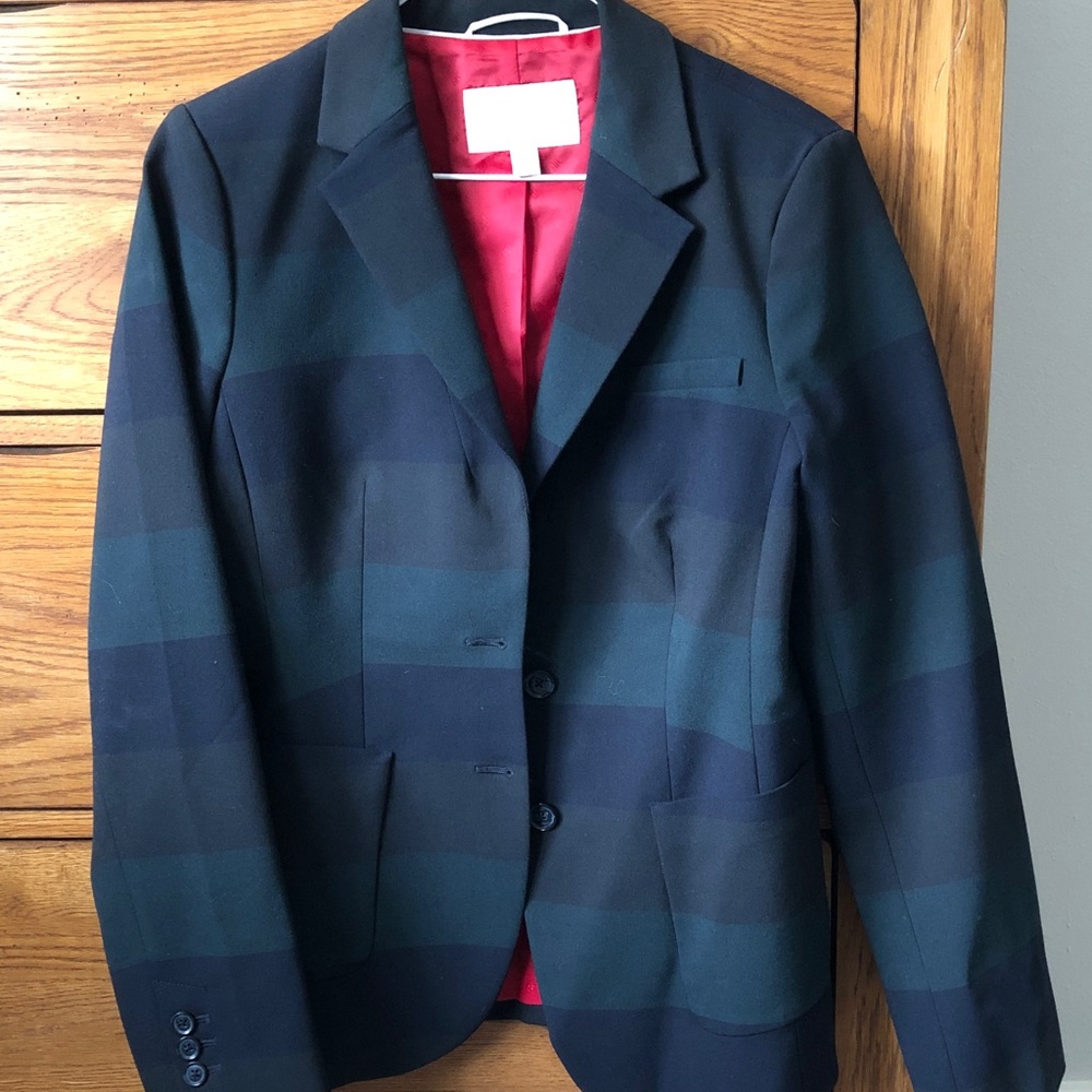 Banana Republic Navy & Forest Green Plaid Blazer with Red Lining